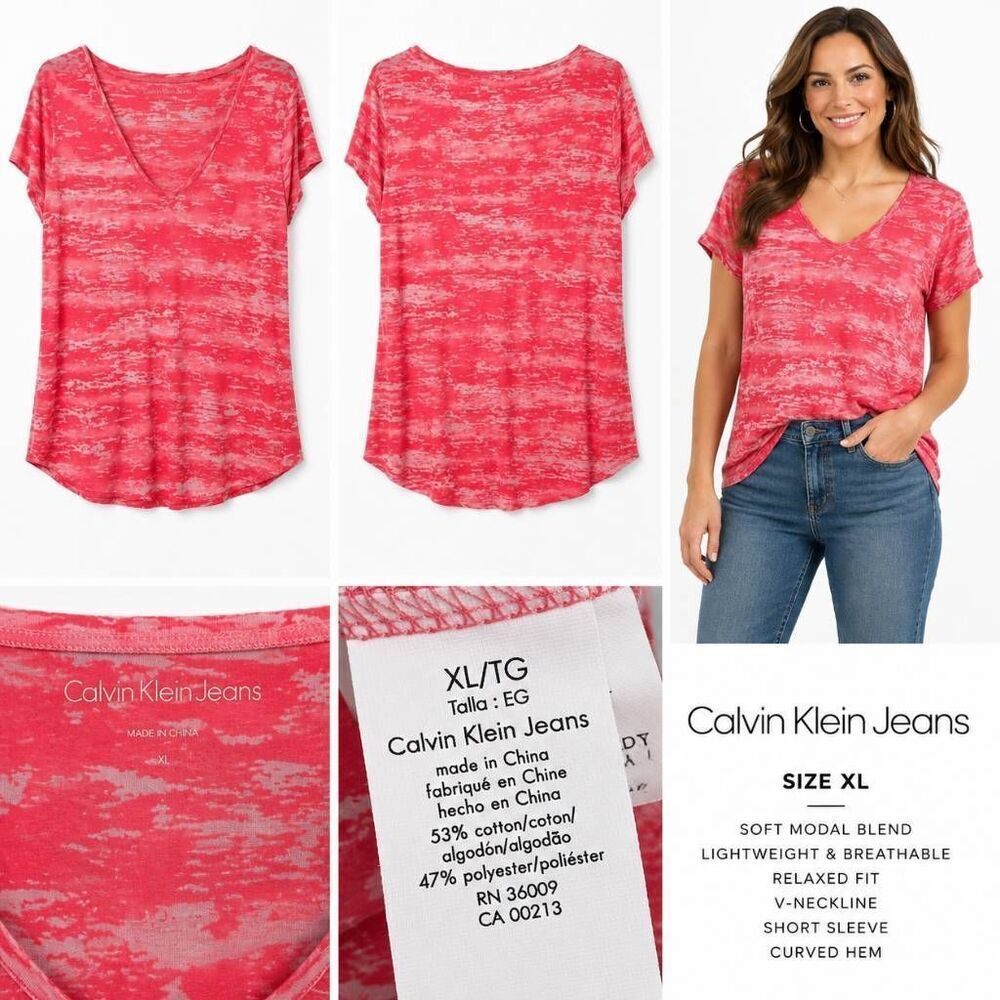 Calvin Klein Jeans V Neck Tee Women’s XL Hot Red Pink  Burnout